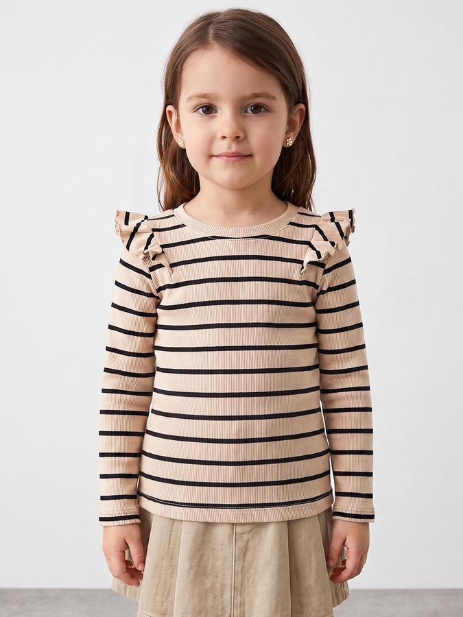 R&B Girls Beige Striped Long Sleeves Round Neck Ribbed T-Shirt