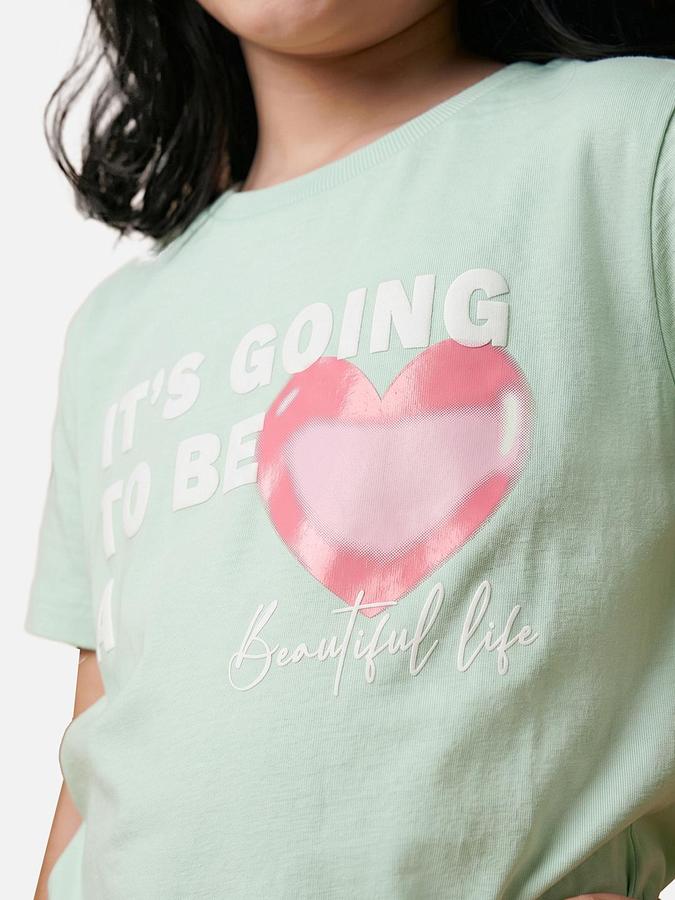 R&B Green Girls Printed Short Sleeves Tshirt