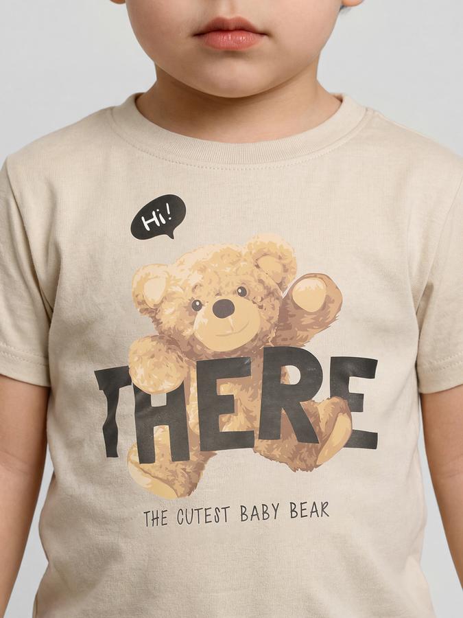 R&B Beige Graphic Print Boys Round Neck Regular Fit Sleeveless T-Shirt 