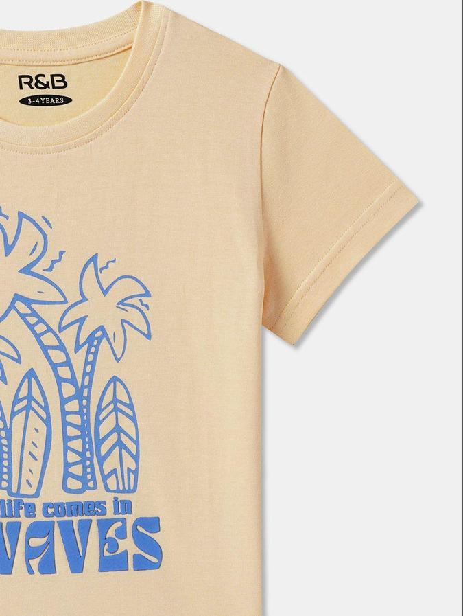 R&B Cream Cotton Round Neck Printed Boy T-Shirt