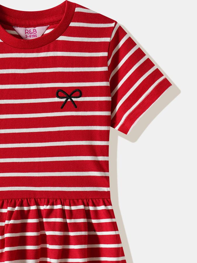 Girls Cotton Regular Fit Round Neck Striped Dress