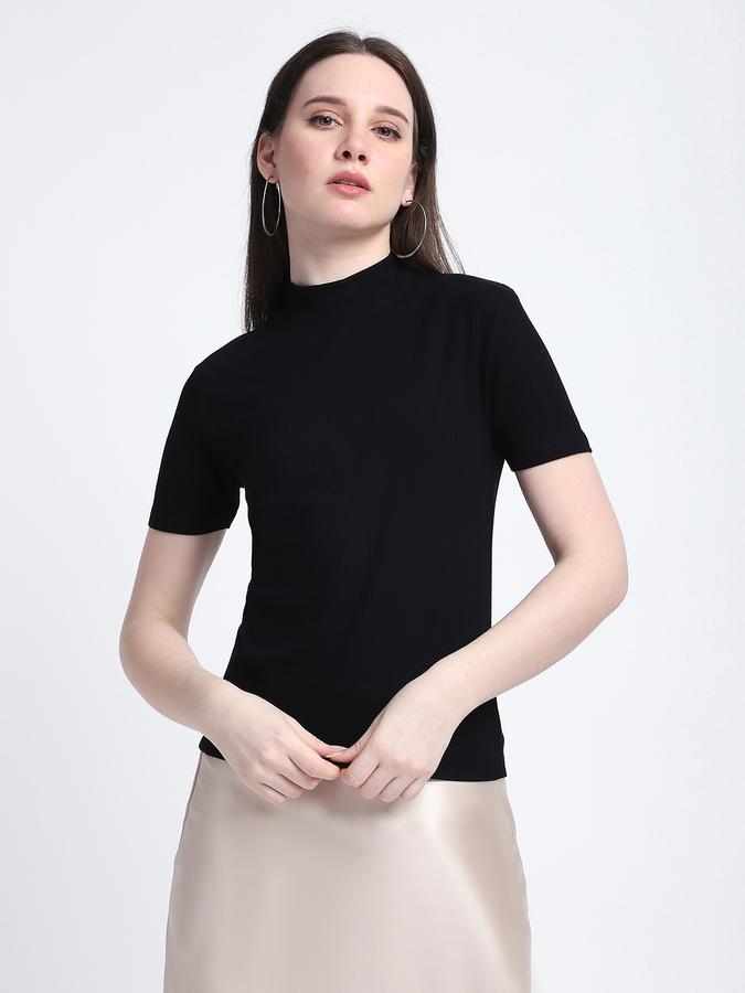 Women Viscose Fitted High Neck Solid T-shirt