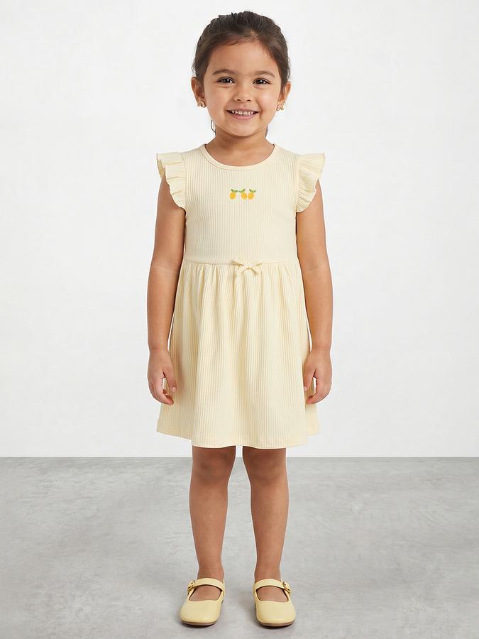 R&B Girl Yellow Tropical Embroidery Flutter Sleeves Fit and Flare Dress