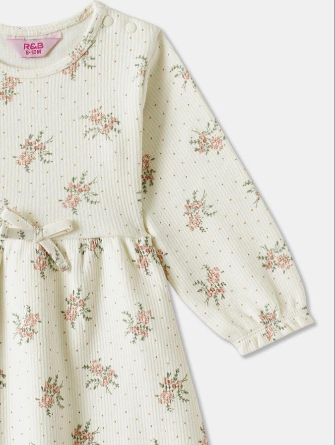 R&B Off White Floral Printed Girls Long Sleeves Dress