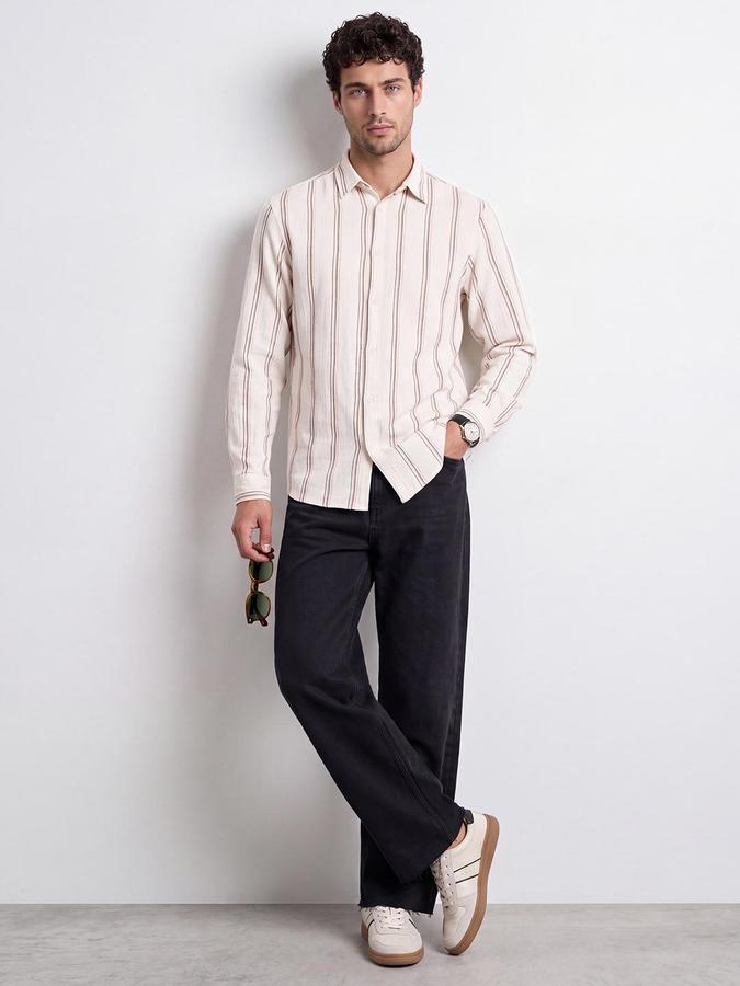 R&B Men Cream Vertical Stripes Long Sleeves Regular Fit Shirt