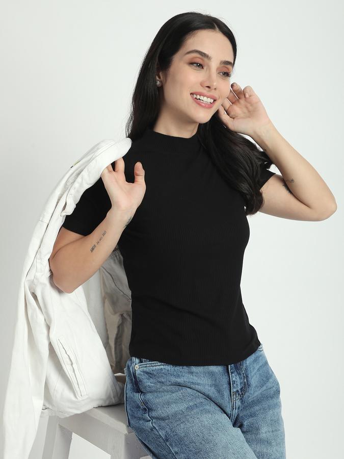 Women Viscose Slim Fit High Neck Ribbed Top