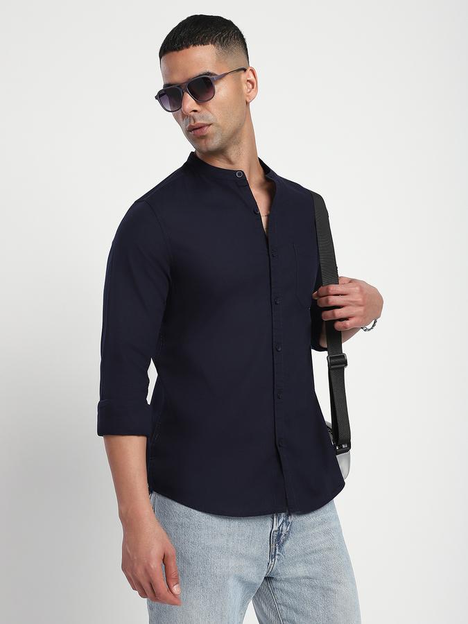 Men Cotton Slim Fit Mandarin Collar Solid Shirt