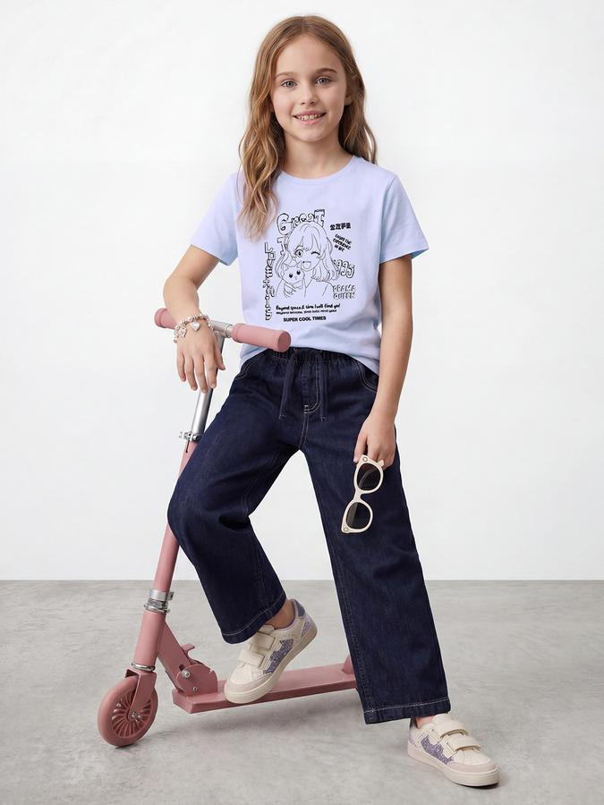 R&B Girls Blue Regular Fit Kawaii Print Short Sleeve T-shirt