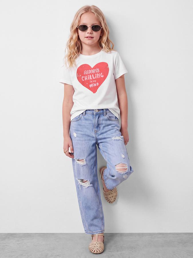 R&B Girls White Typographic Printed  Short Sleeves Pure Cotton T-shirt