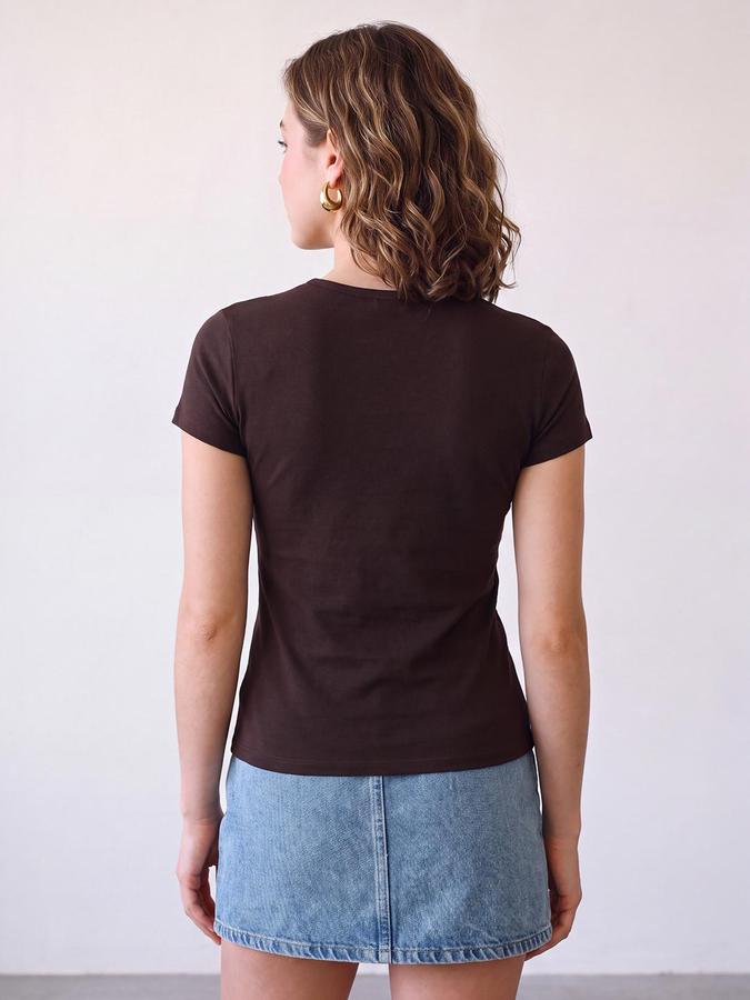 R&B Women Coffee Bow Print Round Neck Short Sleeves T-Shirt