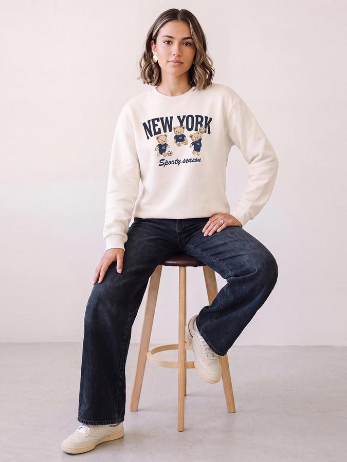 R&B Women Cream Graphic Teddy Print Round Neck Long Sleeves Relaxed Fit Sweatshirt