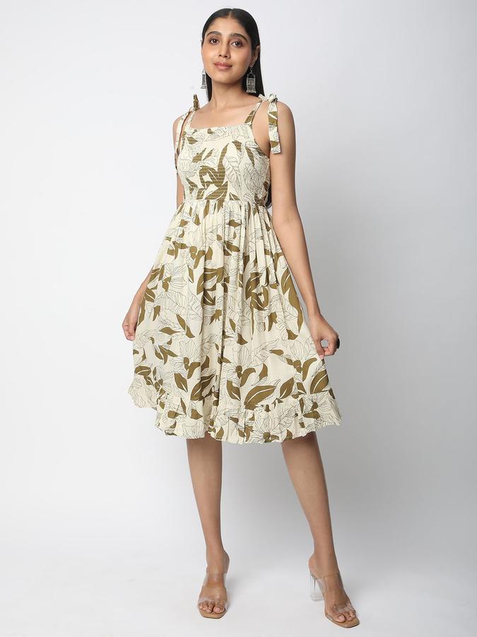 R&B Women Olive Printed Sleeveless Square Neck Knee Length Fit &amp; Flare Dress
