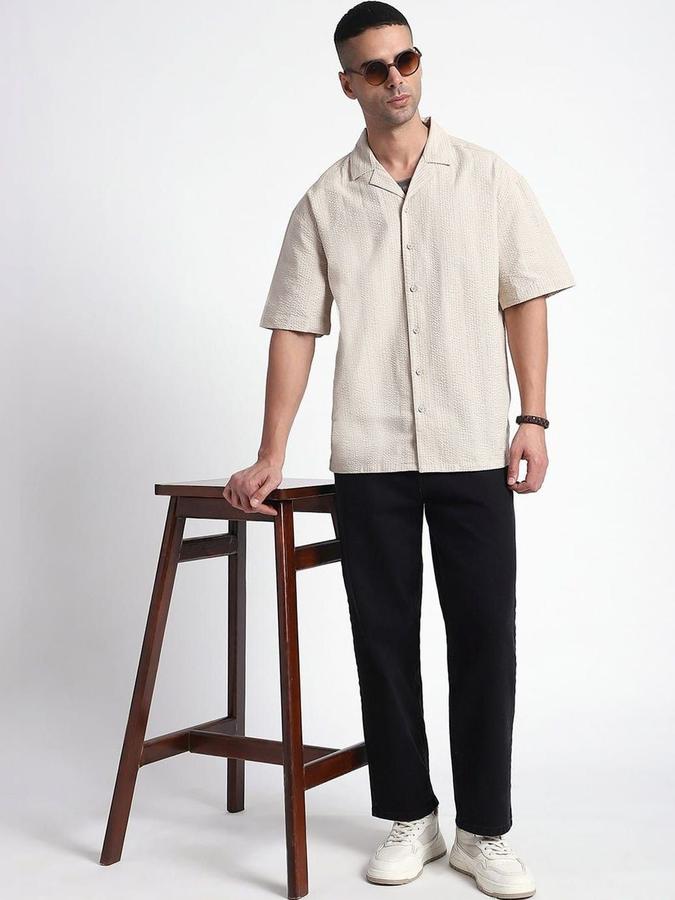 R&B Men Beige Self Design Half Sleeves Cuban Collar Relaxed Fit Shirt