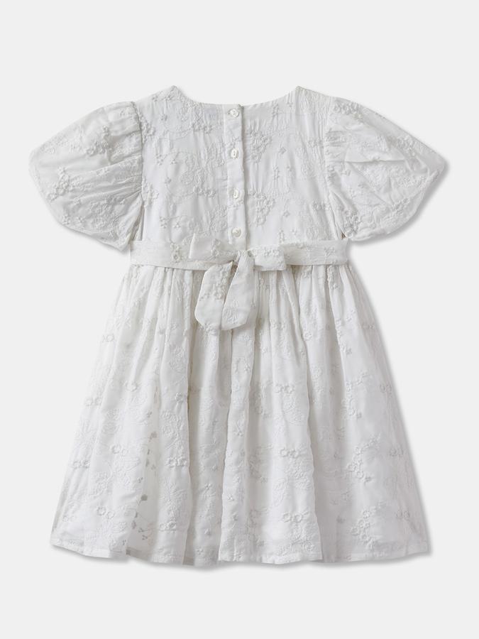 Girls Textured Puff Sleeve Round Neck Flared Dress