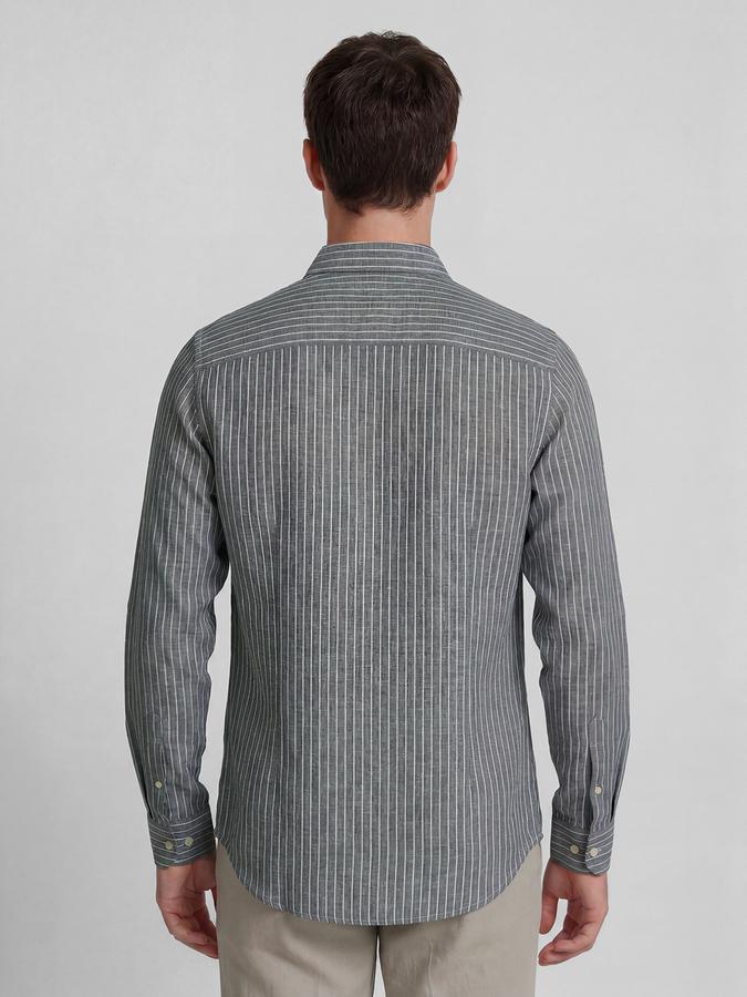 R&B Blue Striped Men Spread Collar Long Sleeves Shirt