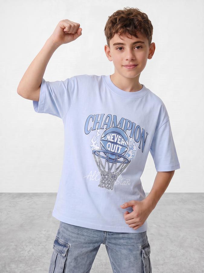 R&B Boys Blue Short sleeve Round Neck Game On Football Graphics Bold Graphic Pure Cotton T-Shirt