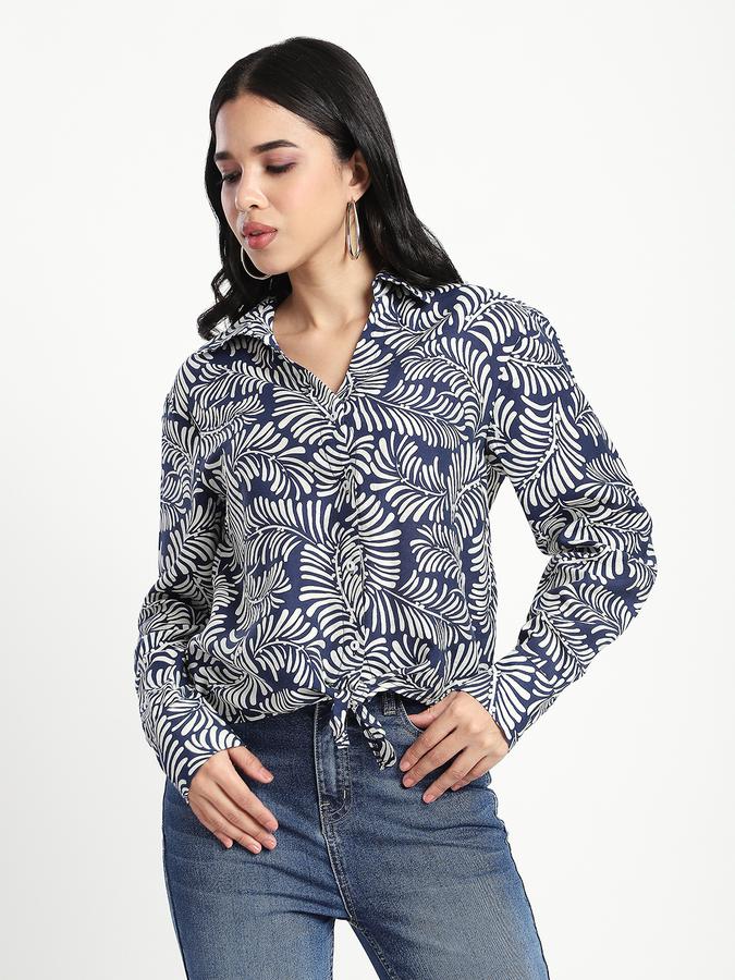 R&B Women Dark Blue Leaf Print Shirt