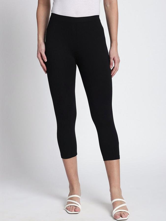 R&B Women Black Solid Calf Length Leggings