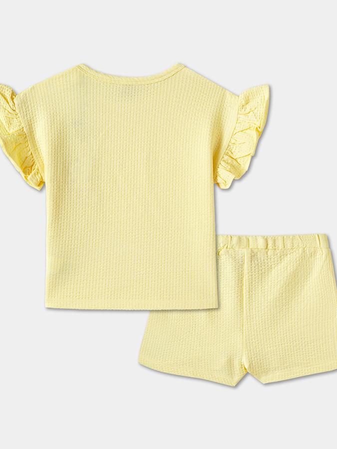 Girls Solid Ruffled Sleeve Knit Top with Shorts Set