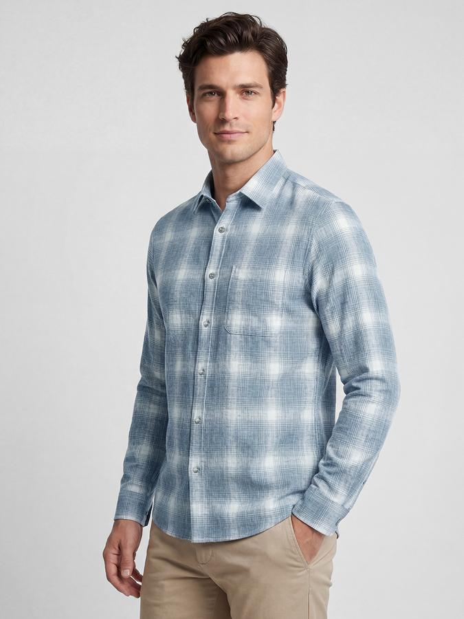 R&B Light Blue Checked Men Spread Collar Long Sleeves Shirt