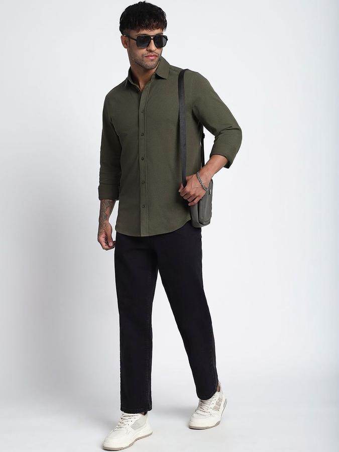 R&B Men Olive Solid Long Sleeves Shirt 
