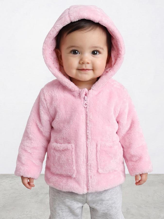R&B Girls Pink Solid Hooded Long Sleeves Fur Jacket