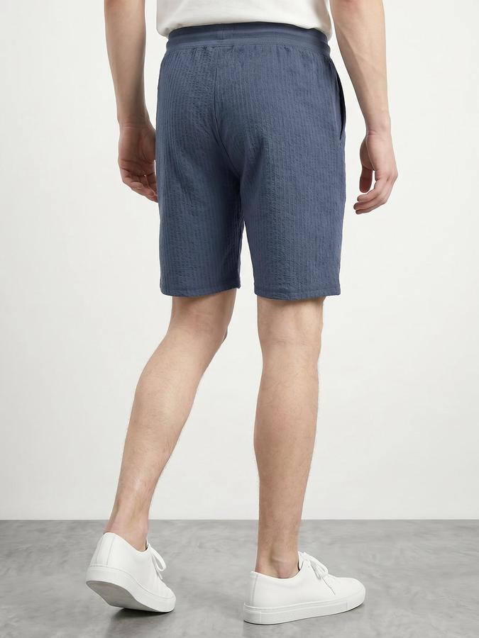 R&B Men Blue Self Design Regular Fit Mid Rise Shorts