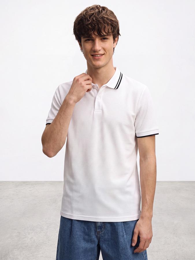 R&B Men White Textured Short Sleeves Tipping Polo Collar Tshirt