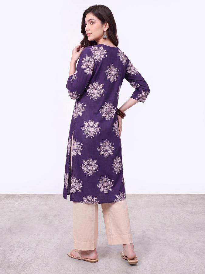 R&B Womens Purple Three-Quarter Sleeves Round Neck Floral Printed Straight Kurta