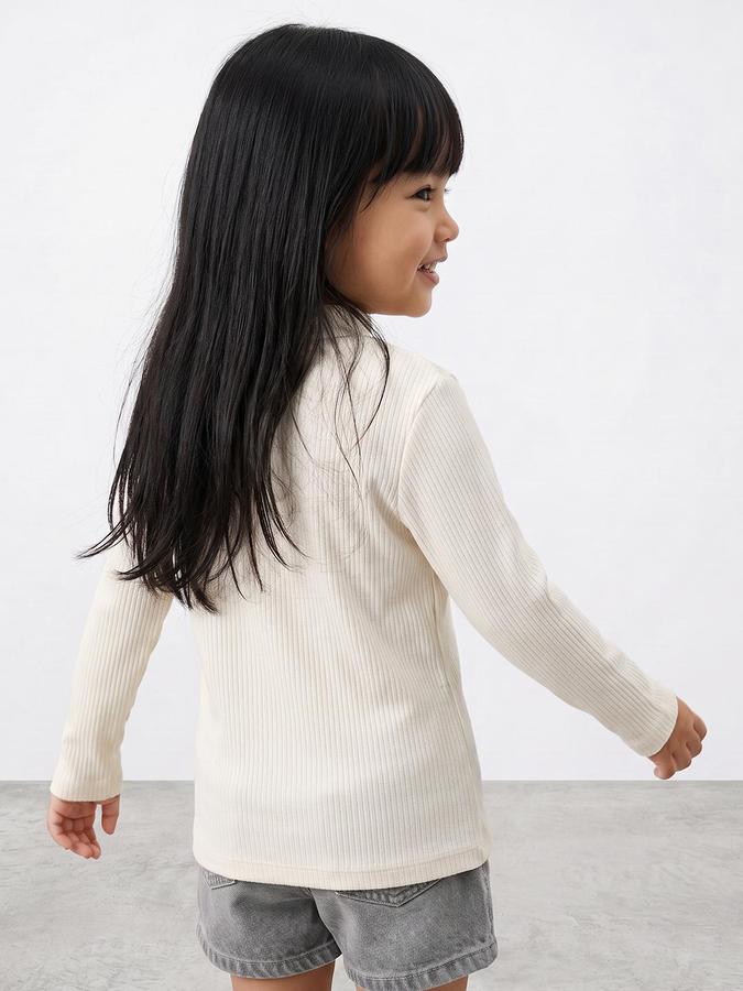 R&B Girls Ivory Textured Long Sleeves High Neck Ribbed T-Shirt