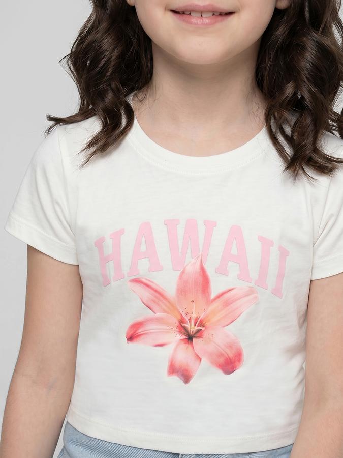R&B White Graphic Print Girls Round Neck Regular Fit Short Sleeves T-Shirt 
