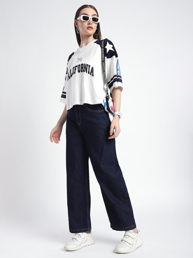 R&B Women Dark Blue Solid Wide-Leg Jeans