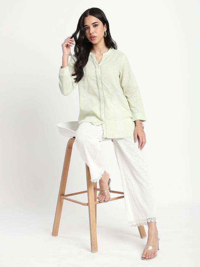 Women Viscose Relaxed Fit Mandarin Collar Solid Top