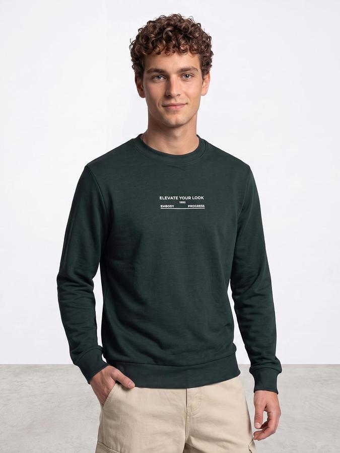 R&B Men Dark Green Typography Print Round Neck Long Sleeves Sweatshirt