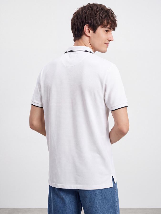 R&B Men White Textured Short Sleeves Tipping Polo Collar Tshirt