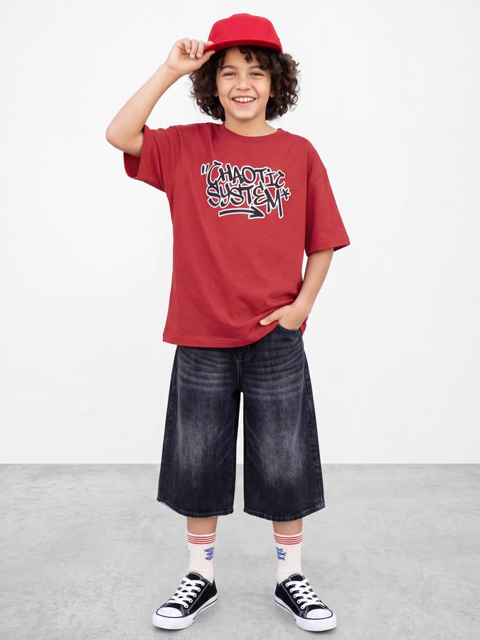 R&B Boys Red Typography Print Short Sleeves Round Neck Pure Cotton T-Shirt