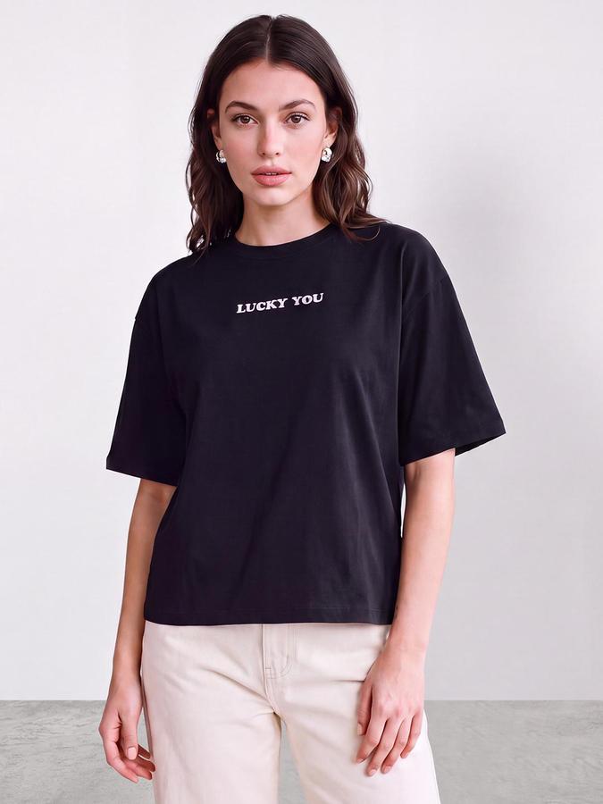 R&B Women Black Graphic Back Print Pure Cotton Round Neck T-Shirt