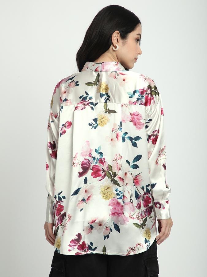 Women Satin Regular Fit Collared Long Sleeve Floral Shirt
