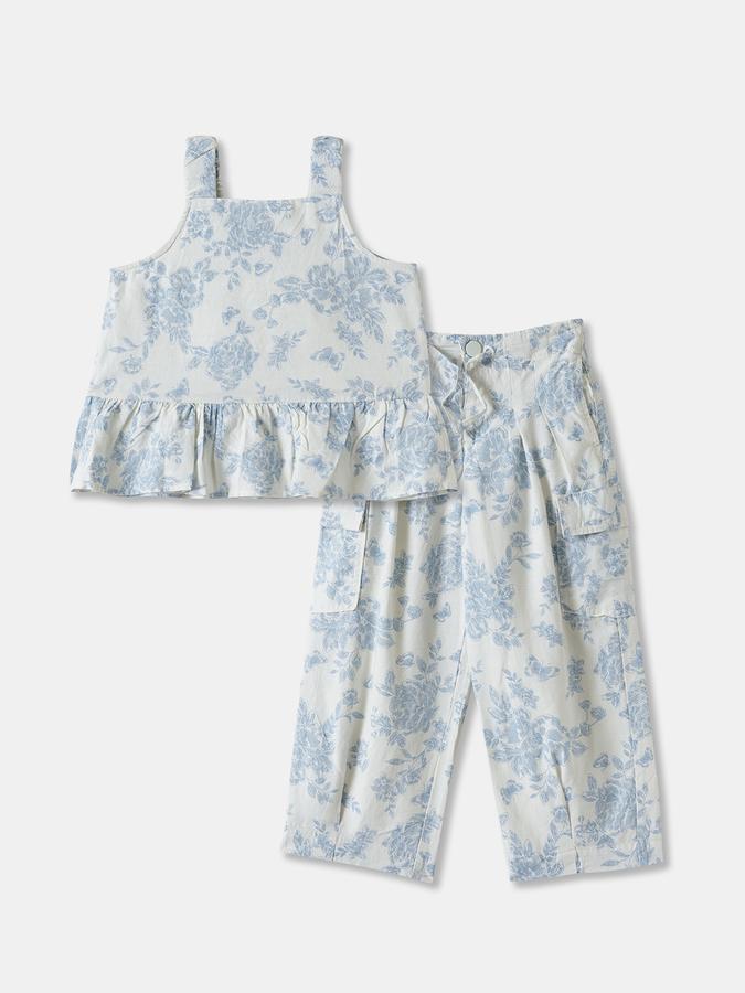Girls Floral Print Sleeveless Ruffled Top with Trousers Set