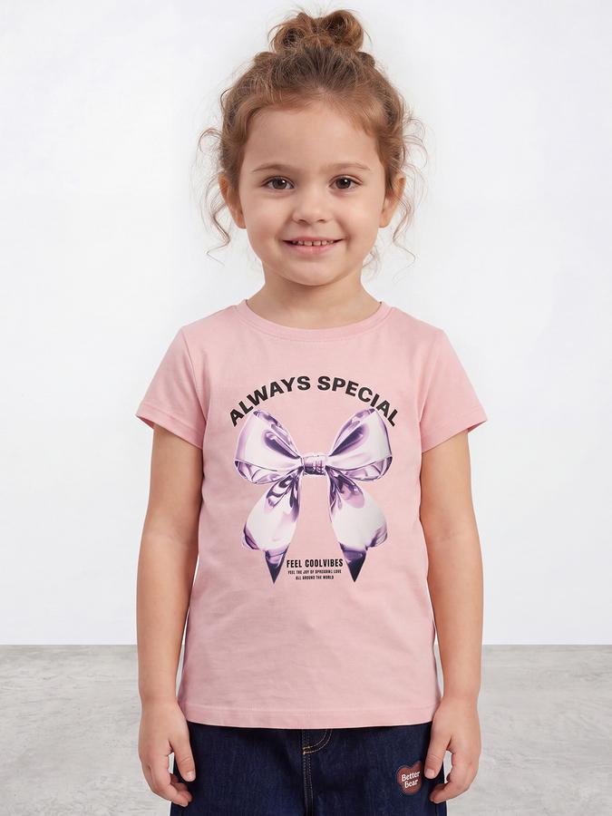 R&B Girls Pink Bow Graphic Print Short Sleeves Tshirt