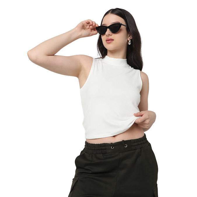 R&B Women Ivory Solid Sleeveless Ribbed Top