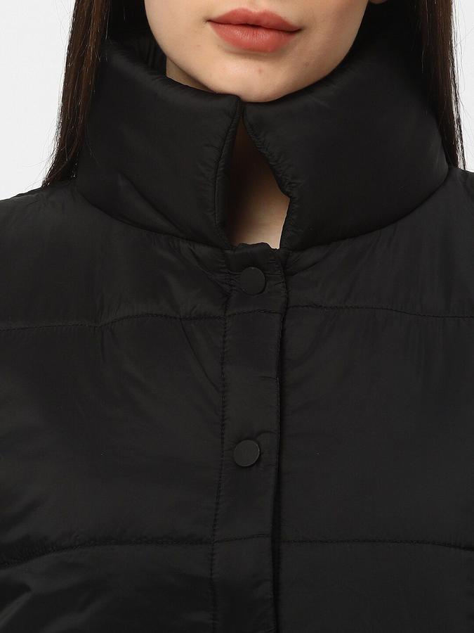 R&B Women Black Sleeveless Solid High Neck Puffer Jacket