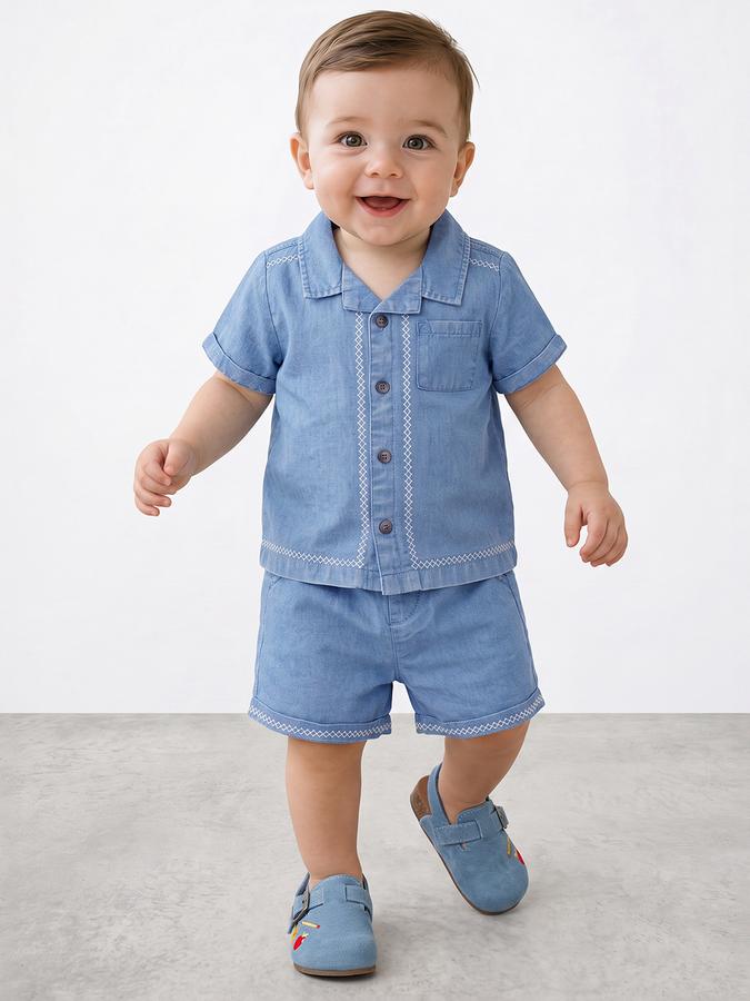 R&B Boys Blue Embroidered Shirt Collar Short Sleeve Pure Cotton Denim Shirt & Shorts Set