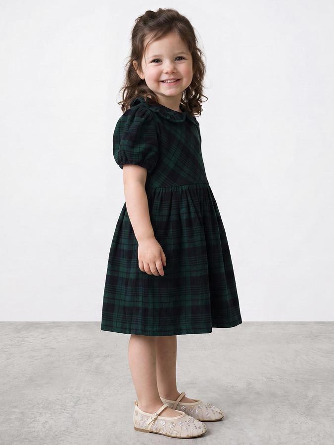 R&B Girls Green Checked Frilled Collar Dress
