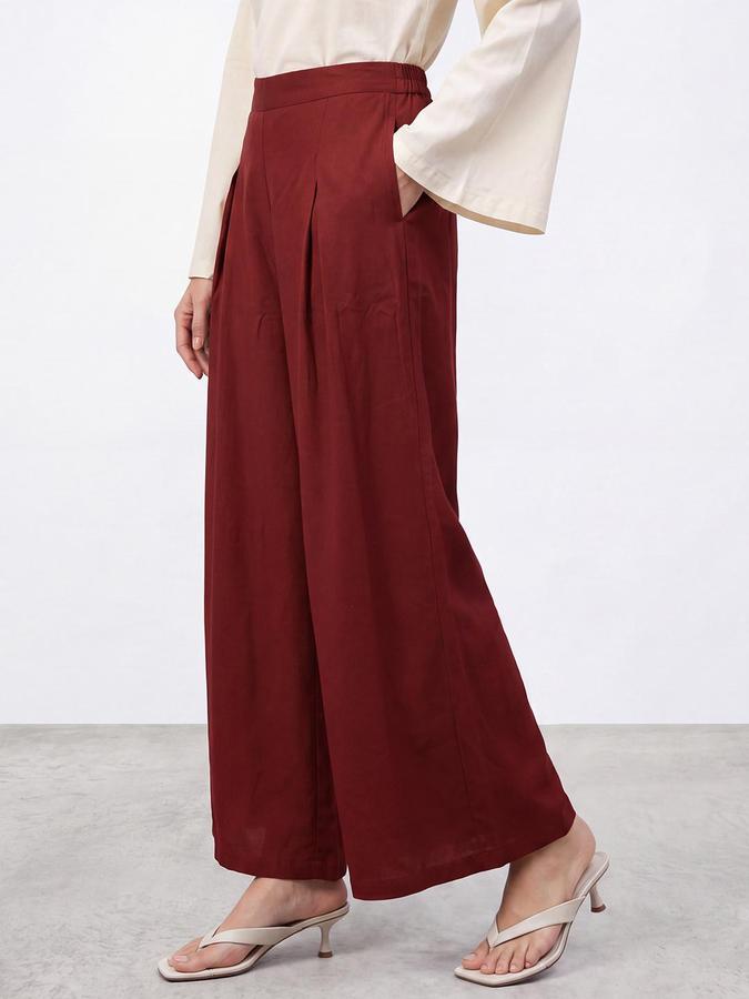 R&B Women Maroon Solid Pleated Palazzo