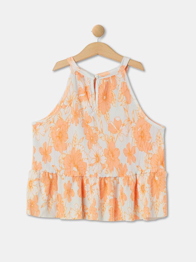 Girls Polyester Regular Fit High Neck Sleeveless Floral Top