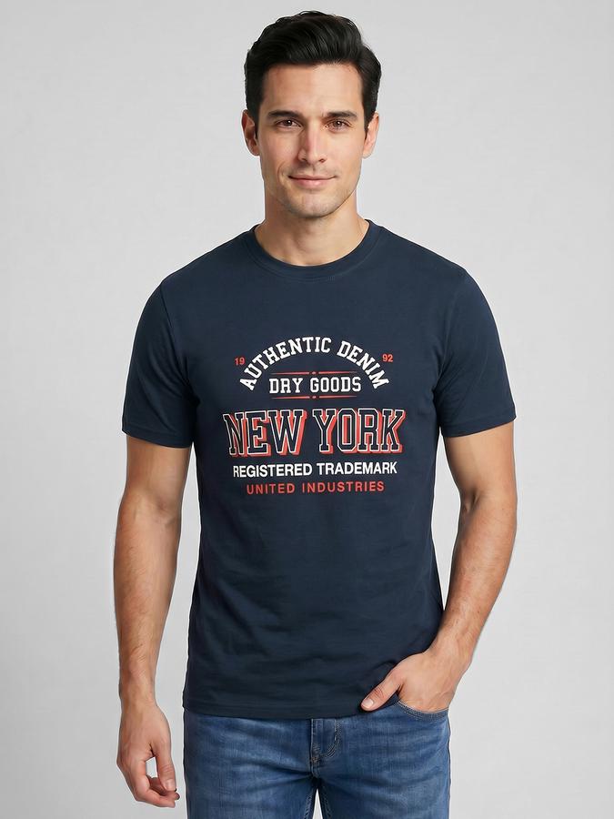 R&B Navy Blue Typography Men Round Neck Regular Fit Short Sleeves T-Shirt 