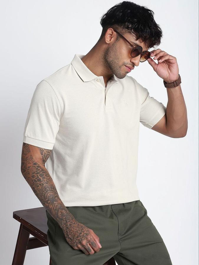 R&B Mens Cream Brand Logo Polo Collar Short Sleeves T-shirt