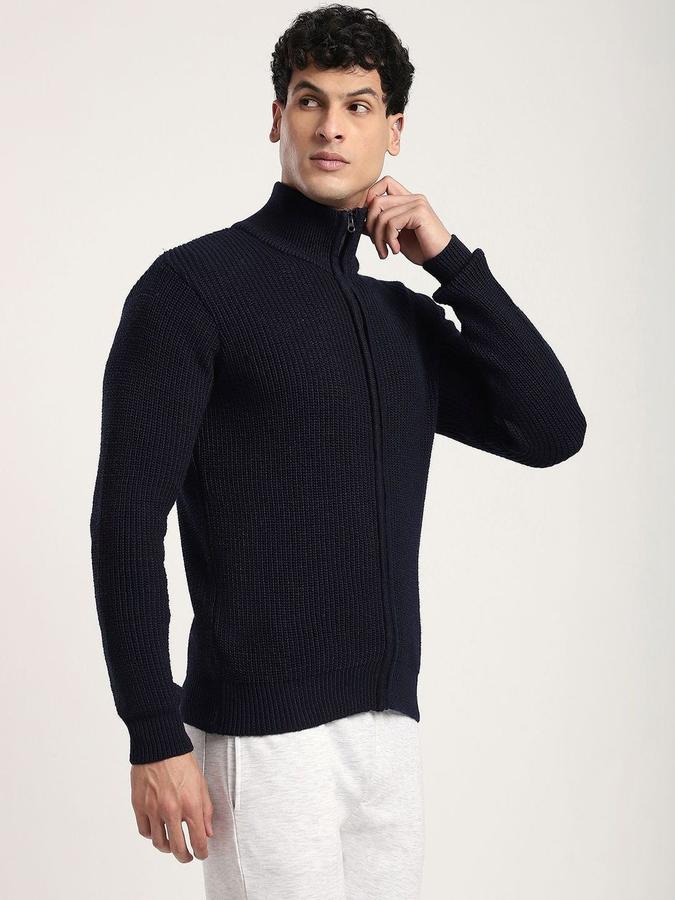 R&B Men Navy Blue Mock Collar Ribbed Long Sleeves Sweater
