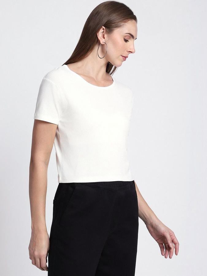 R&B Womens Ivory Self Design Round Neck Short Sleeves T-shirt